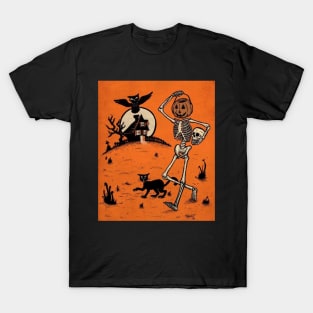 Retro Halloween Spooky Season Dancing Skeleton Trick or Treat T-Shirt